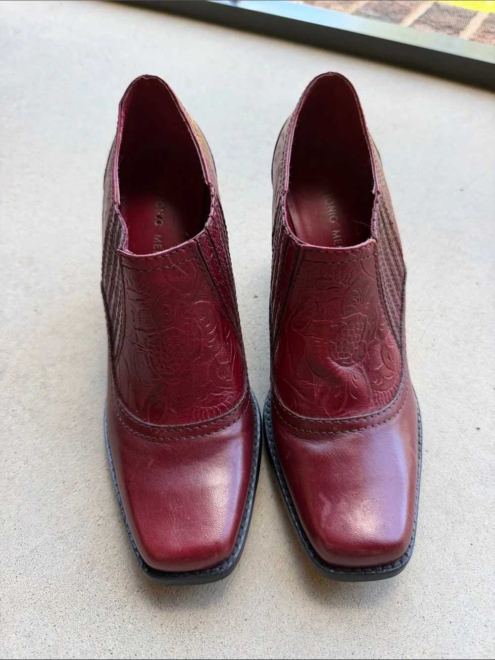 Women's Embossed Slip-On Leather Ankle Boots — Burgundy Western Wear